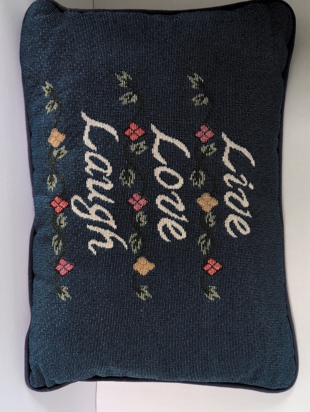 Jaquard Embroidered Look Pillow. Love, Love, Laugh Blue - 12 By 9